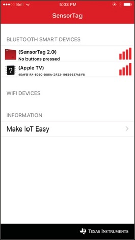  Приложение SensorTag осуществляет поиск устройств Bluetooth® Smart